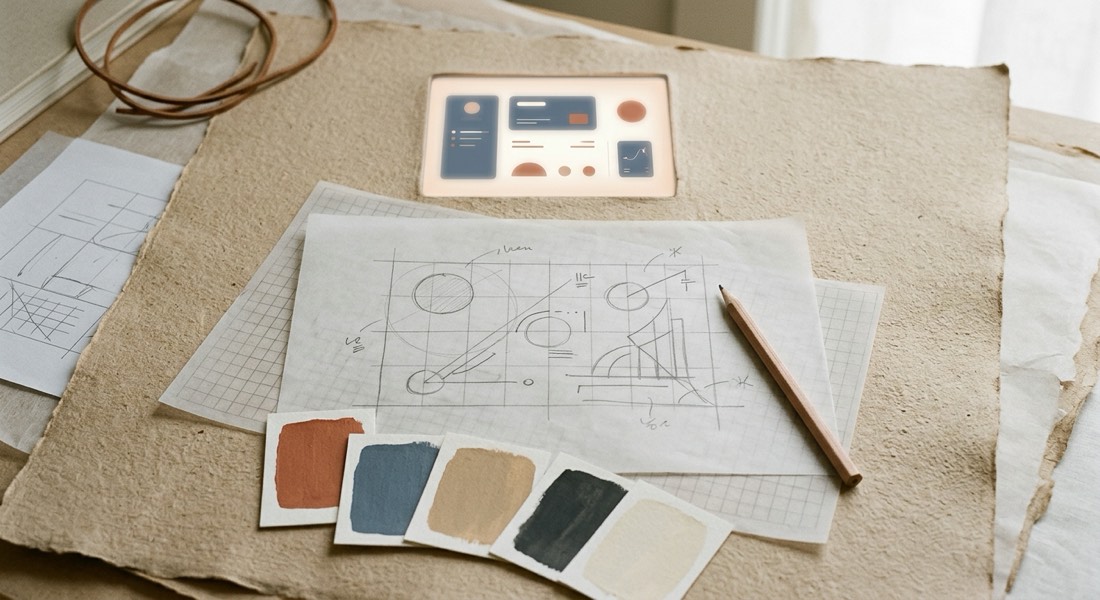 AI-generated still life of a pencil, sketched grid, paper layers and small colour studies.